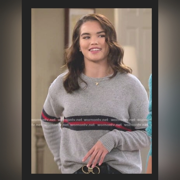 Brandy Melville Bernadette Sweater in Gray with Red Navy Stripe - Picture 3 of 10